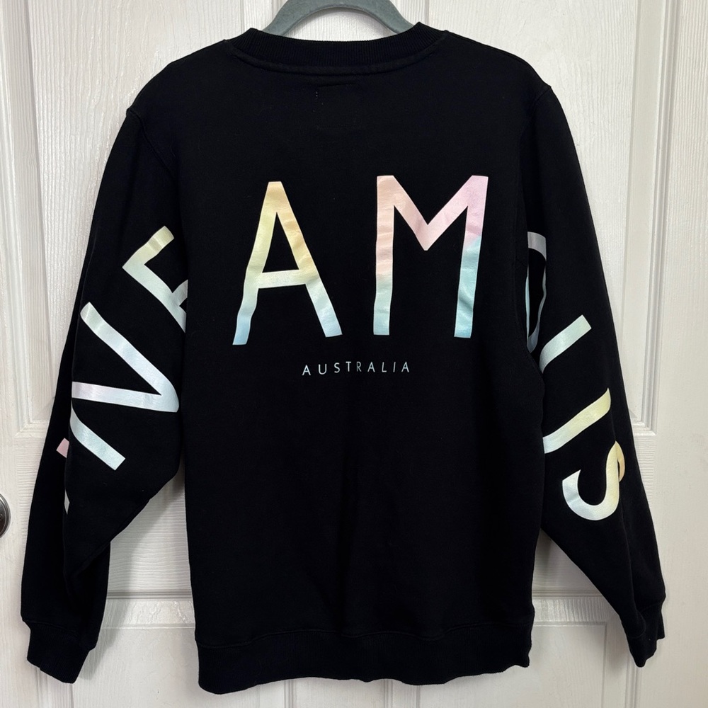 INFAMOUS Relax Australia Black Sweatshirt Back Spellout Size Large Cotton Blend